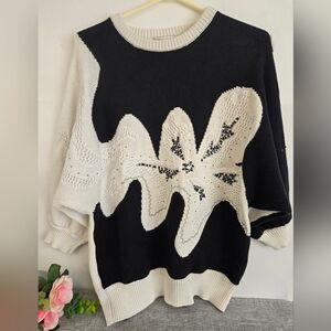 Vintage Franco Valeri Women White & Black‎ Embellished Sweater, Size L